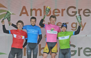 30th of April, 2016; From left to right, wearing the Campbell Cairns jersey for best-placed U23 rider overall, Christopher McGlinchey, Ballymoney CC, leader of the Powerhouse Sport Mountains Competition, Mark Dowling, Asea Wheelworx, stage winner and loverall race leader, Angus Fyffe, Omagh Wheelers CC, and wearing the SDS jersey for leader of the Points Competition, Conor Hennebry, Team Aquablue, on the awards podium at the finish of Stage 1 of the AmberGreen Energy Tour of Ulster. Moy, Co. Tyrone. Picture credit: Stephen McMahon / Tour of Ulster