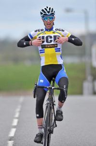 1st of May, 2016; Ian Richardson, UCD FitzCycles, celebrates as he crosses the finish line to win Stage 2 of the AmberGreen Energy Tour of Ulster. Moy, Co. Tyrone. Picture credit: Stephen McMahon / Tour of Ulster