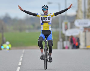 1st of May, 2016; Ian Richardson, UCD FitzCycles, celebrates as he crosses the finish line to win Stage 2 of the AmberGreen Energy Tour of Ulster. Moy, Co. Tyrone. Picture credit: Stephen McMahon / Tour of Ulster