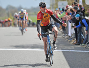 2nd of May, 2016; Marcus Christie, Omagh Wheelers CC, celebrates as he crosses the finish line to take vicotry on Stage 3 of the AmberGreen Energy Tour of Ulster. Moy, Co. Tyrone. Picture credit: Stephen McMahon / Tour of Ulster