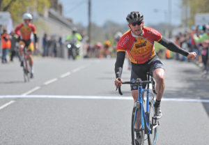 2nd of May, 2016; Marcus Christie, Omagh Wheelers CC, celebrates as he crosses the finish line to take victory on Stage 3 of the AmberGreen Energy Tour of Ulster. Moy, Co. Tyrone. Picture credit: Stephen McMahon / Tour of Ulster