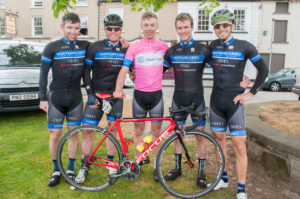 29th of April, 2017; Race Leader Darragh O’Mahoney with his Waterford Racing Club teammates after the finish of Stage 1 of the AmberGreen Energy Tour of Ulster. Moy, Co. Tyrone. Picture credit: Stephen McMahon / Tour of Ulster