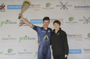 1st of May, 2017; Matteo Cigala, Aqua Blue Sport Academy, with Paula Nugent, Tour of Ulster, on the awards podium at the finish of Stage 3 of the AmberGreen Energy Tour of Ulster. Moy, Co. Tyrone. Picture credit: Stephen McMahon / Tour of Ulster