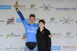 1st of May, 2017; Winner of the Powerhouse Sport Mountains Classification, Eoin Morton, UCD Cycling Club, left, with Paula Nugent, Tour of Ulster, on the awards podium at the finish of Stage 3 of the AmberGreen Energy Tour of Ulster. Moy, Co. Tyrone. Picture credit: Stephen McMahon / Tour of Ulster