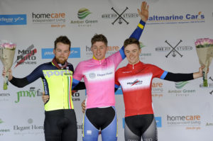 1st of May, 2017; Second overall Robert Jon McCarthy, Team Monaghan, left, with winner overall Eoin Morton, UCD Cycling Club, centre, and third overall Darragh O’Mahony, Waterford Racing Club, on the awards podium at the finish of Stage 3 of the AmberGreen Energy Tour of Ulster. Moy, Co. Tyrone. Picture credit: Stephen McMahon / Tour of Ulster
